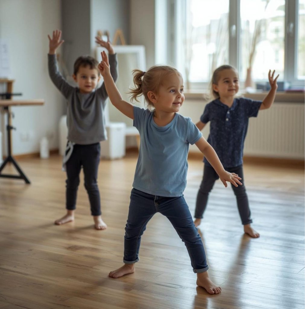 Niños pequeños practicando baile moderno en clase infantil